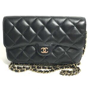 CHANEL Authentic Black Lambskin Leather Logo Wallet